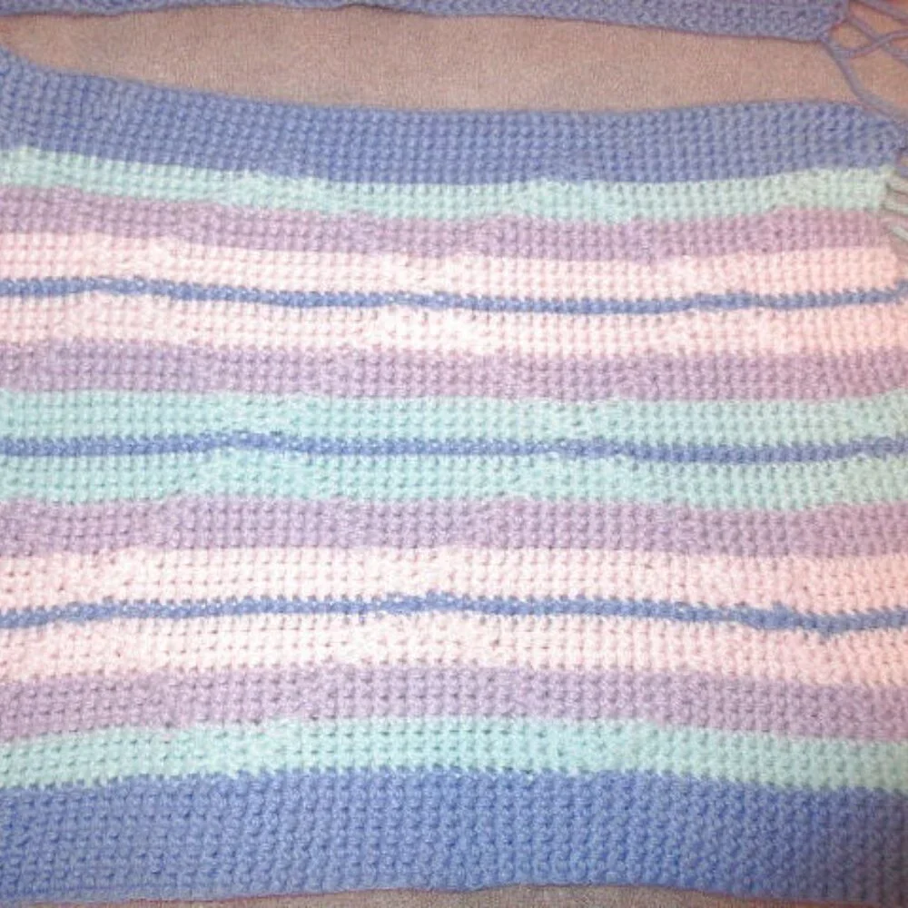 Vintage 70s Hand Knit Placemats Set Of 2 Textured Fringe Pastel Boho Table Decor